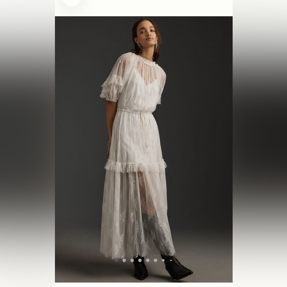 NWT Anthropologie Let Me Be Short Sleeve Sheer Ruffle Lace Maxi Dress XS